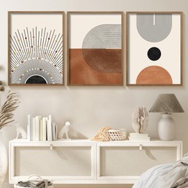 Houmury Framed Set of 3 Boho Wall Art, Mid Century Modern Boho Wall decor, Green, Black Rainbow Neutral Modern Wall Art for Living Room Bedroom (Orange with brown frame, 12X16)