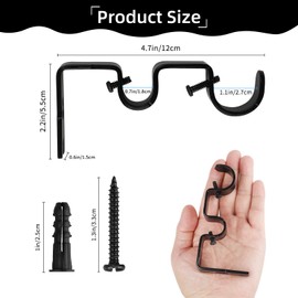 6 Pack Double Curtain Rod Brackets,Heavy Duty Adjustable Curtain Rod Holders for Wall, Fits 1" and 5/8" Rods,Black Metal Wall Mount Drapery Hooks for Window, Bedroom, Living Room