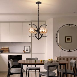 Modern Sputnik Chandelier,4-Light Black Chandelier with Amber Glass Globe Shades,Mid Century Industrial Chandeliers Dining Room Light Fixtures,Farmhouse Chandeliers for Dining Room Foyer Entryway