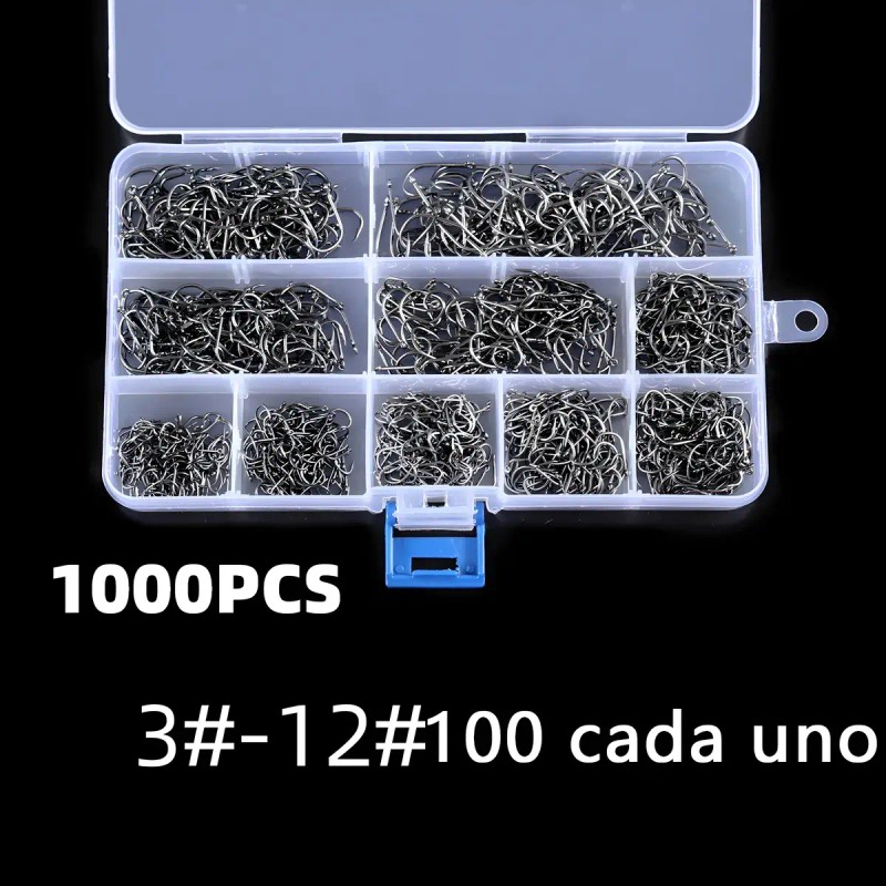 1000 Piezas Kit de anzuelos Pesca 3-12# con caja afilados