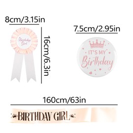 Tabanzhe Birthday Girl Sash Badge Set-3PCS Birthday Girl Rose Gold Satin Shoulder Strap Belt Badge Decorations Birthday Award Party Supplies for Kids Girls Decor
