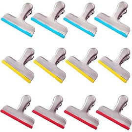 12 Piezas Clips para Bolsas de Alimentos Acero inoxidable Cubiertos con Silicona Perfectos para Bolsas de Alimentos Sellado Hermético 3 Colores Diferentes Adecuado para Tiendas Cocina Oficina Hogar