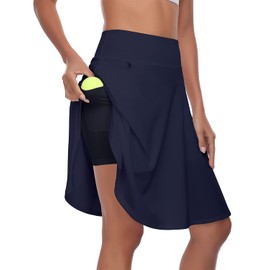 WOWENY Womens Golf Skorts with Pockets 20'' Athletic Modest Tennis Skirts Knee Length Deep Blue