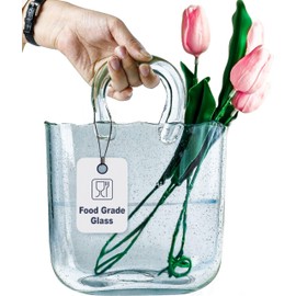OLEEK Purse vases for Flowers (Handmade) Glass Bag vase -10 Inches- Blue for centerpieces & Fish Bowl - Handbag Unique Flower vase Decorative - Glass Handbag for Cute Room Decor