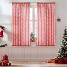 MRTREES Christmas Curtains Red with Golden Christmas Tree Curtain 137 cm Long 140 cm Wide Curtains Short for Living Room, Children's Room, Store, Kitchen, Set of 2