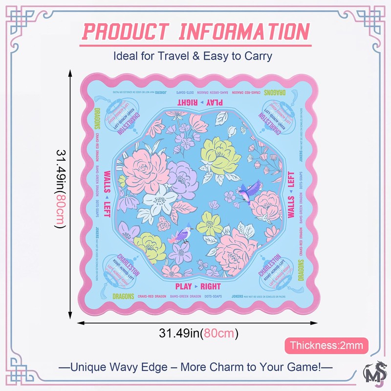 Soulchen Blue and Pink Scalloped Flower American Mahjong Mat Table