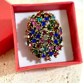 HAIXIAN Gold Colorfull Full Cubic Zirconias Chunky Dome Ring for Women,14K Yellow Gold Plated Cocktail Party Multi Stone Crystal Turkey Ring Jewelry (Ring_A, 8)