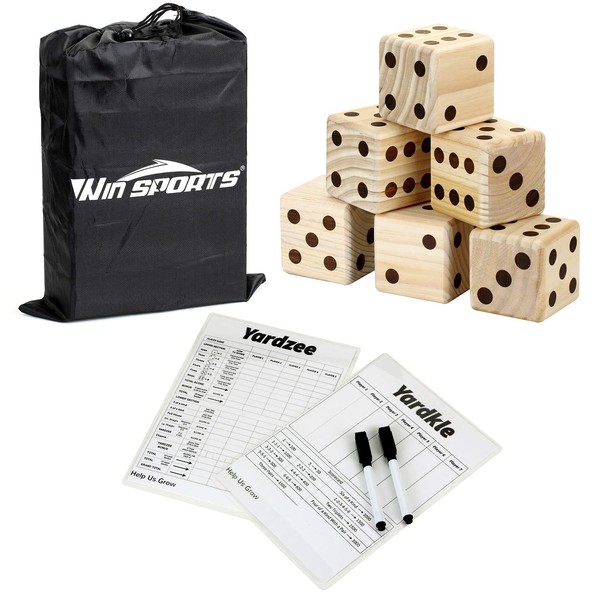 Win SPORTS Giant Yard Dice Game Set,Wooden Classic&Jumbo Dice 3.5",Lawn Game with 2 Double Sided Yardzee Yardkle Scoreboard,2 Dry Erase Marker Pens and Durable Storage Bag