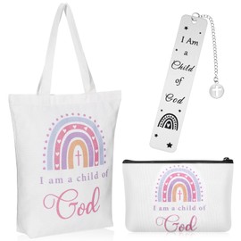Bulyoou 3 Pieces Christian Gifts I am a Child of God First Communion Gifts Included Cosmetic Bag, Tote Bag and Bookmark Bible Verse Religious Present for Godchild
