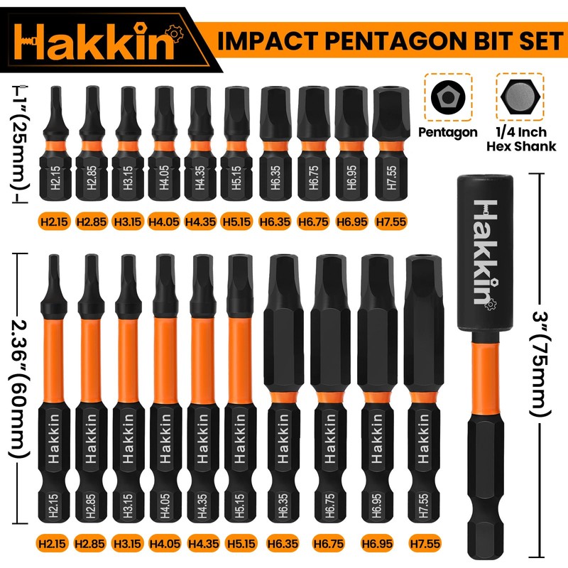 Hakkin 21Pcs Pentagon Screwdriver Bits Set S2 Steel Security Tamper