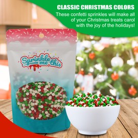 Confetti Christmas Sprinkles - 8 oz Resealable Stand Up Candy Bag - Christmas Themed Holiday Sprinkle Mix - White, Green, and Red Quins - Bulk Sprinkles for Baking and Decorating