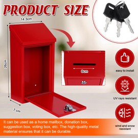 Metal Donation Box Charity Steel Collection Box Office Suggestion Secure Mailbox with Top Slot and Lock with Keys Wall Mount 10.24x5.6x2.75 Waterproof Mailbox for Home Office (Red)