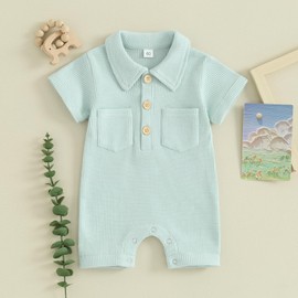 Lukivech Newborn Baby Boy Clothes Waffle Knit Short Sleeve Romper Jumpsuit Collared Bodysuit One-Piece Summer Outfit(Blue, 6-12 Months)