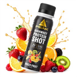 PEAK HIGHWHEY Protein Shot - Display - 12 x 100 ml Flavour Multifruit I Liquid Clear Whey (Beta Lactoglobulin) with 20 g Protein and 2.75 g L-Leucine per Ampoule I Perfect for on the Go