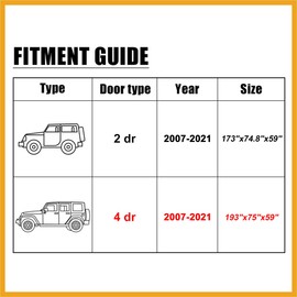 Partuto SUV Car Cover Fit for Jeep Wrangler JK JL 4 Door 2007-2021 Outdoor Waterproof Sun Dust Wind Snow Protection 210D Oxford with Driver Door Zipper Gray Replacement