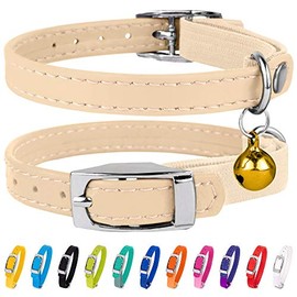 CollarDirect Leather Cat Collar, Cat Safety Collar with Elastic Strap, Kitten Collar for Cat with Bell Black Blue Red Orange Lime Green (Neck Fit 6"-7", Beige)