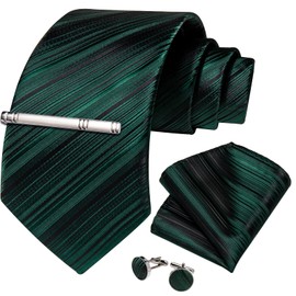 DiBanGu Mens Striped Tie Silk Woven Necktie and Pocket Square Cufflinks Tie Clip Set Wedding Business Formal Gift Tie for Men, Emerald Green