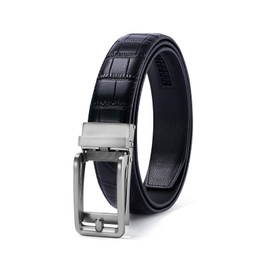 PlusZis 28 - 68 inch men's leather belt with ratchet, large and slim with automatic buckle, Matte Gun Click Crocodile Black