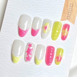 SHUXILIN 24Pcs Almond Flower Press-on Nails, Pink Yellow French Tips, Water Ripple, Starfish Design, Acrylic, Glue Included