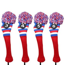 Majek Golf Red White Blue 3 4 5 6 Hybrid Set Headcovers Pom Pom Knit Limited Edition Vintage Classic Traditional Flag Retro Head Cover 3-6 Set