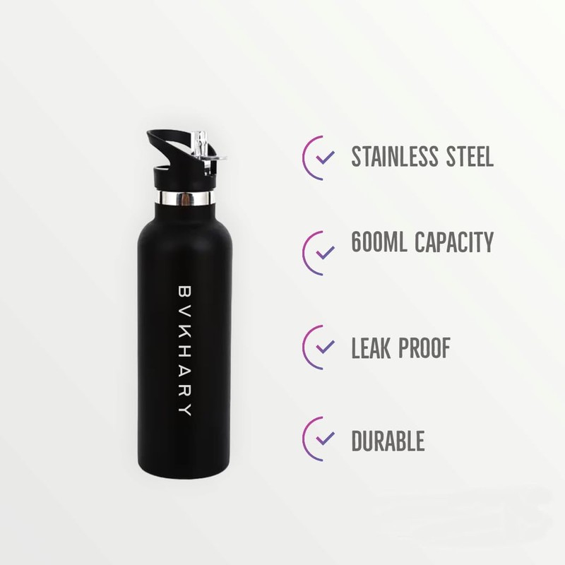bvkhary 600ml Water Bottle With Straw | Stainless Steel Flip