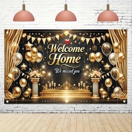 Tomhong Welcome Home Banner 71x43 Inch Gold Balloons Stage Party Decoration forWelcome Celebration Family Reunion Homecoming Party Indoor Qutdoor Event Decor
