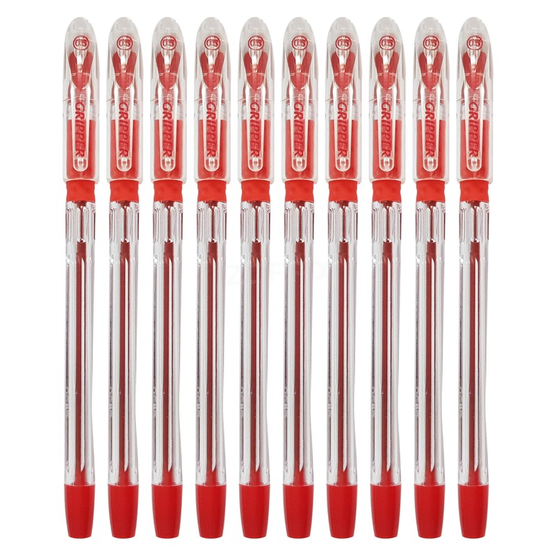 Gripper Ballpoint Pens, RED, Fine Point (0.5mm), Pack of 10,