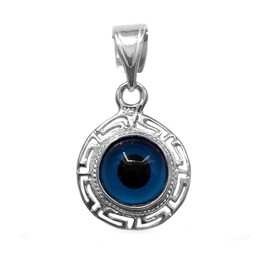 Sterling Silver Greek Key Double Sided Evil Eye Pendant 18", Metal, No Gemstone