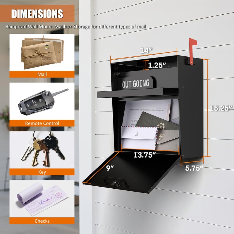 Metateel Wall Mounted Locking Mailbox with Outgoing Mail Slot, Secure