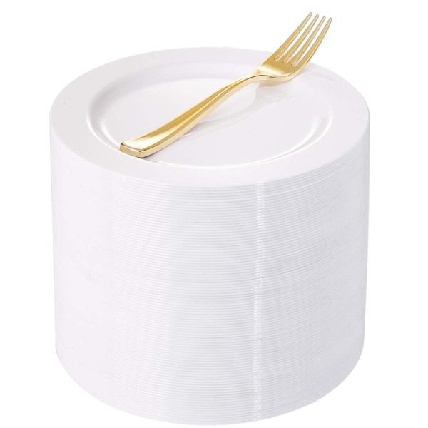 WELLIFE 200 Pieces White Dessert Plates with Gold Disposable Forks, Premium Hard Plastic Plates 7.5”, Appetizer Plastic Plates for Wedding and Party