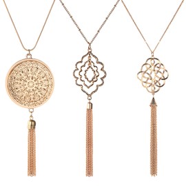 Flongo Y Shape Necklace with Tassel for Women: 3 Pieces Gold Celtic Knot Boho Sweater Chain Round Flower Tassel Pendant Long Chain for Women, Stainless Steel