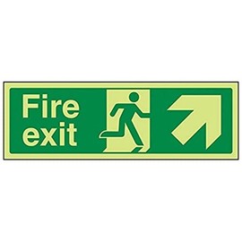 V Safety Glow In The Dark Fire Exit Arrow Up And Right Sign - 300mm x 100mm - Rigid Plastic