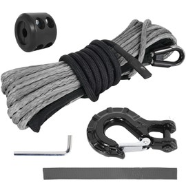 RUHUO Synthetic Winch Rope Kit, 3/16" x50' Winch Cable with Protective Sleeve, Heavy-Duty Winch Hook and Rubber Stopper, Winch Accessories for Off-Road SUV, UTV, ATV (Black&Grey, 3/16" x50')