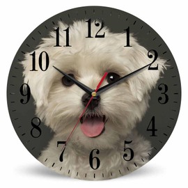 Mxocom Dog Face Wall Clock Maltese Puppy Panting Looking at The Camera Closeup 10 Inch Silent Non Ticking Battery Operated Clock Vintage Round Clock for Living Room Bedroom Bathroom Office Decor