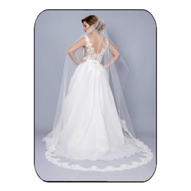 Unsutuo Lace Applique Bride Wedding Veil 1 Tier Short Fingertip Bridal Tulle Veil with Comb for Women and Girls (L:118",W:59", Ivory)