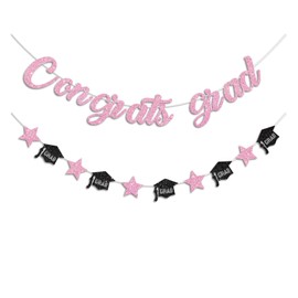 Vofrise Pink Congrats Grad Banner Glitter Graduation Banner for Graduation Decorations Class of 2025 Party Supplies