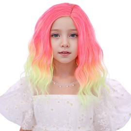 Edivd Kids Pink to Yellow Wig Short Pink Ombre Yellow Curly Wavy Wig for Girls Side Part Wigs for Children Heat Resistant Synthetic Hair with Cap