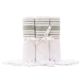 BAROOGA Hand Towels for Bathroom (Set of 3) Turkish Kitchen Towels, Farmhouse Towels for Kitchen, Fringe Tea Dish Cloth Set, Quick Dry and Highly Absorbent (18 x 38 inches) (Khaki Green)