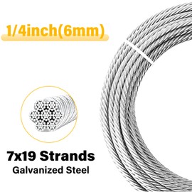 1/4" Steel Cable, Sunuwk 150Ft 7x19 Strand Aircraft Cable with Loops, 6400 Lbs Breaking Strength Heavy Duty Wire Rope with Clamps and Thimbles, for Zipline, Fencing, Sunshade, Deck Railing