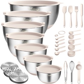 Wildone Mixing Bowls with Airtight Lids, 27 PCS Stainless Steel Nesting Bowls, with 3 Grater Attachments, Scale Mark & Non-Slip Bottom, Size 5, 4, 3, 2, 1.5, 1, 0.63QT, Ideal for Mixing & Prepping