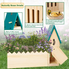 3-in-1 Butterfly House and Feeder for Outdoor, Natural Wooden Hanging Butterfly Habitat with Flower Pot for Garden Outside Decor