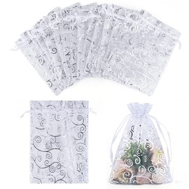 CLTPY Pack of 100 Silver Organza Bags 13 x 18 cm Print Jewellery Bag Organza Bag Gift Bag Wedding Bag with Drawstring for Festival Birthday Party