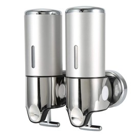 Oumefar Dispensador de Jabón líquido baño Pared Doble 500ml, Plástico ABS | Dosificador de Champú y Acondicionador para Ducha con Ventana Visual, Plat