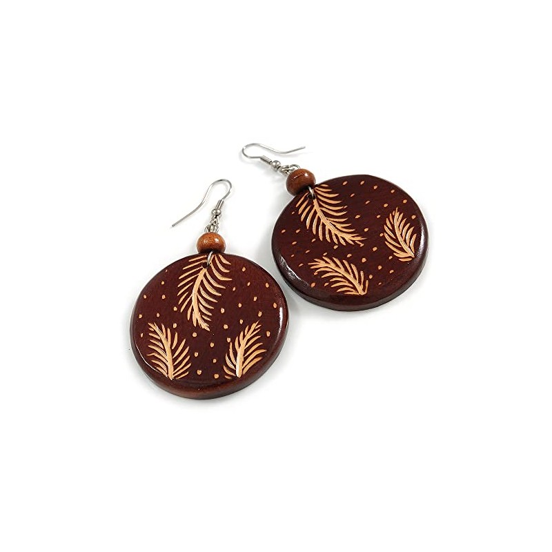 70mm Long/Brown Wooden Round Disk Drop Earrings with Feather Pattern