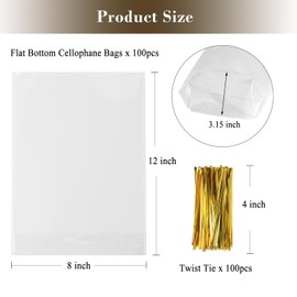 Prembag 100Pcs 8x12 Inch Flat Bottom Cellophane Treat Bags Clear Cello Cellophane Goodie Bags with Bottom Gusset for Gift Mug Wrapping,Bakery,Popcorn,Cookies,Party Favors(No Side Gusset)