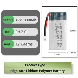 ERYNK 3.7V 380mAh 702035 25C RC Plane Battery for RC Quadcopter, Hubsan X4 H107,H107C,H107L, X11 X11C,HS170 HS170C F180C HS170G TOZO Q2020 E016H E016F Drone Battery with PH 2.0 Joint and USB