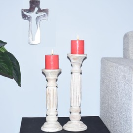 Handmade Mango Wood Eco-friendly Traditional Antique White Set of Two 12" & 15" Pillar Candle Holder