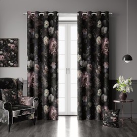 LADAYVOGUE 100% Blackout Curtains 2 Panels Set Black Pink Floral Rose Black Out Curtain Gothic Chic Dark Thermal Insulated Window Treatments Decor for Living Room Bedroom Darkening Curtain 52x84 Inch