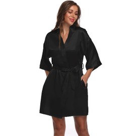 FADSHOW Women's Satin Kimono Robes Short Silk Bathrobes Loungewear,Black,Large