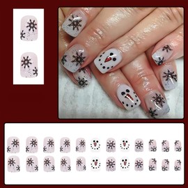 Mkwntg Christmas Snowflake Press on Nails Short Square Fake Nails with Black Snowflake Design Glossy White French Glitter Glue on Nails Cute Snowmen Face Acrylic Artificial Nails for Women Girls 24Pcs